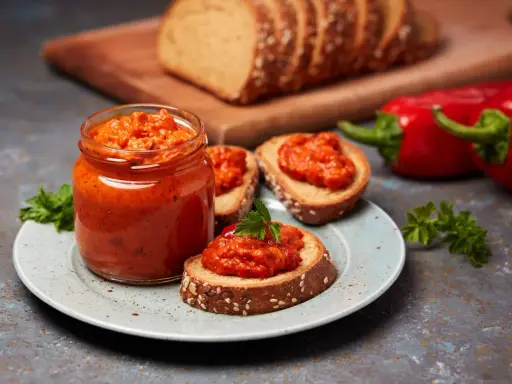 Słoik pełen ajvaru, pysznej pasty z papryki, podany z chlebem i świeżymi paprykami. Ajvar co to? To smak Bałkanów!