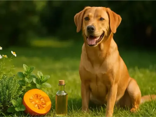 Labrador joyeux à côté d'une courge, d'herbes et d'une huile, suggérant un vermifuge chien naturel.