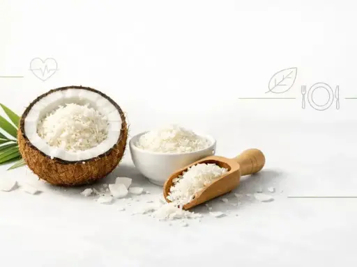 Połówka kokosa z wiórkami, miseczka i łopatka pełna wiórków. Czy wiórki kokosowe są zdrowe? Tak, to naturalny produkt.