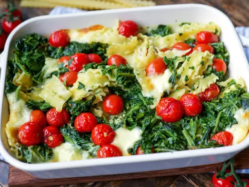 Herzhaftes One Pot Pasta Gericht aus dem Ofen mit Spinat, Kirschtomaten und geschmolzenem Käse.