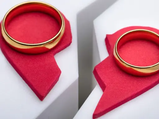 Dwa złote obrączki na połówkach czerwonego serca, symbolizujące trudne rozstanie, nawet gdy się kocha.