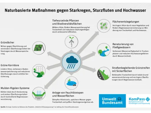 Naturbasierte Maßnahmen gegen Starkregen: Gründächer, Grünkorridore, Feuchtbiotope – alles, was hilft, nicht in my backyard.