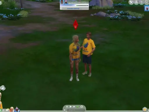 Para młoda w żółtych koszulkach z kurczakiem, w grze The Sims historie z życia wzięte.