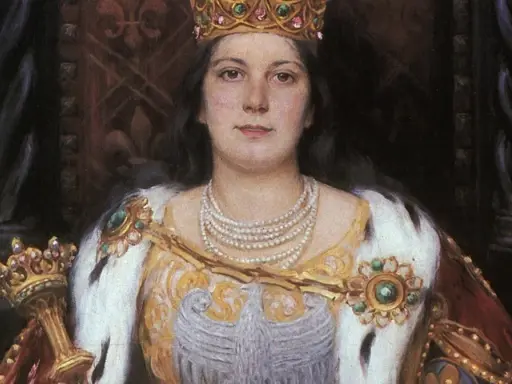 Portret królowej Jadwigi w koronie i klejnotach. Jej śmierć, choć nie pokazana, jest tematem dyskusji, jak zginęła królowa Jadwiga.