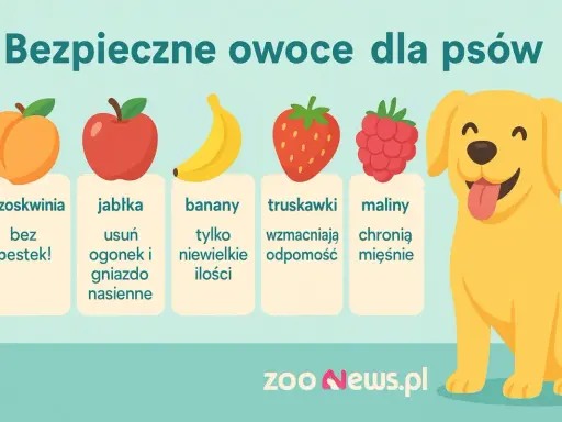 Czy pies może brzoskwinie? Tak, bez pestek! Obrazek pokazuje bezpieczne owoce dla psów: brzoskwinie, jabłka, banany, truskawki i maliny.