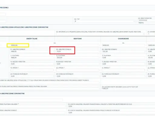 Zestawienie składek ubezpieczeniowych Anny Nowak. Podstawa wymiaru składki wynosi 5000,00. Kod tytułu ubezpieczenia: 011000.