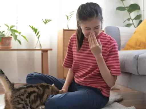 Dziewczyna zatyka nos, czując objawy alergii na kota. Kot siedzi obok niej na dywanie.
