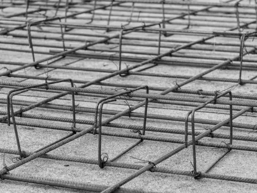 Siatka zbrojeniowa, gotowa do zalania betonem. To zbrojenie płyty fundamentowej zapewni stabilność konstrukcji.