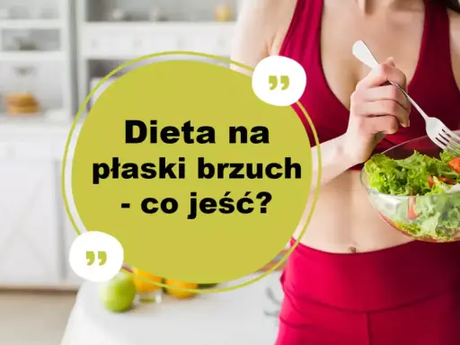 Kobieta w czerwonym stroju sportowym je sałatkę. Tekst: "Dieta na płaski brzuch - co jeść?".