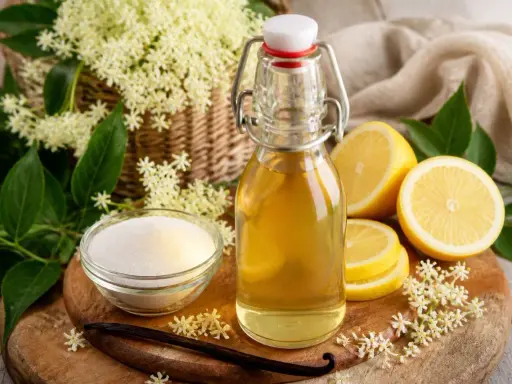 Bouteille de sirop de sureau, citrons, sucre et fleurs de sureau. Une recette de grand-mère pour un sirop fait maison.
