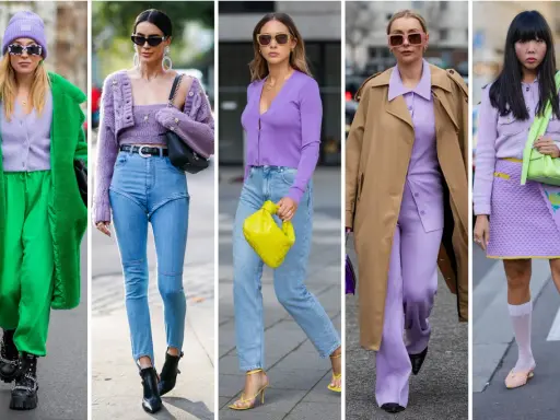 Cinque donne sfoggiano look con abbinamento lilla e blu, tra cui jeans chiari, maglioncini e cappotti colorati.