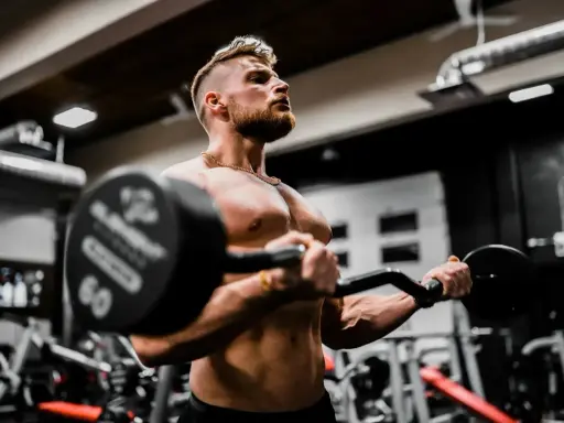 Mężczyzna ćwiczy biceps z ciężarem, wiedząc, że shake proteinowy co daje dla mięśni.
