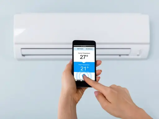 Mano ajustando la temperatura del aire acondicionado desde el móvil, facilitando conectar aire acondicionado a wifi para control remoto.