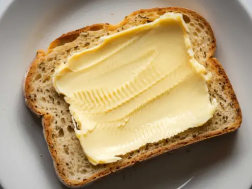 Eine Scheibe Brot mit einer dicken Schicht Butteralternative, die gut für die Cholesterinwerte ist.