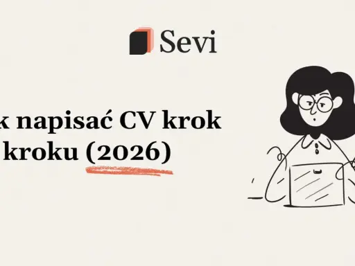 Ilustracja kobiety z laptopem i napisem "Jak napisać CV krok po kroku (2026)".
