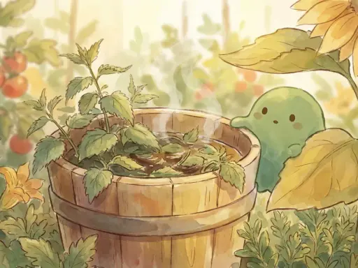 Un tierno ser verde observa un balde de madera con agua humeante y hojas de ortiga. Alrededor, tomates, flores amarillas y un girasol.