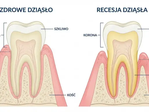 Porównanie zdrowego dziąsła z recesją, gdzie odsłonięty korzeń zęba jest widoczny. Rąbek ołowiowy jest tu kluczowym elementem.