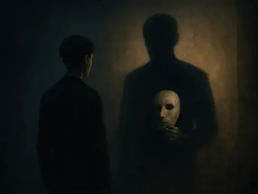 Mężczyzna patrzy na swój cień, który trzyma maskę. To symboliczne ujęcie cienia Junga, ukazujące ukryte aspekty osobowości.