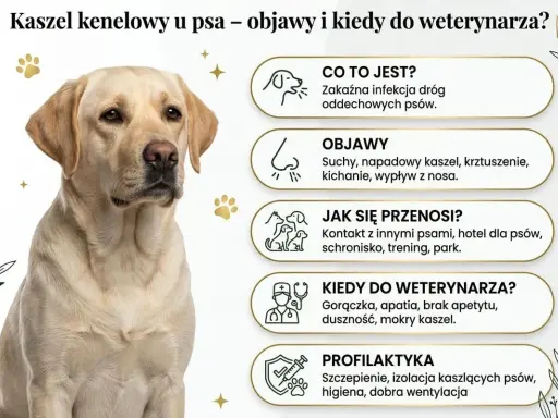 Labrador z objawami kaszlu kenelowego u psa: suchy kaszel, kichanie, wypływ z nosa. Informacje o chorobie i profilaktyce.