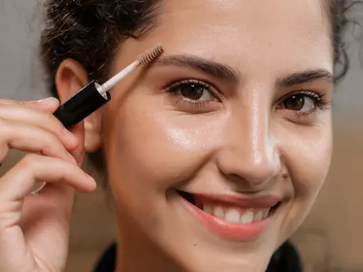 Une femme souriante utilise une brosse pour redessiner ses sourcils.