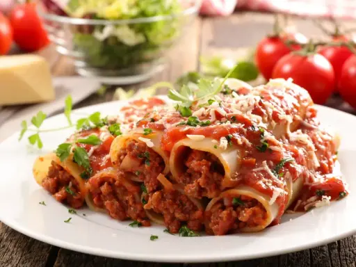 Pyszne cannelloni z mięsem mielonym, polane sosem pomidorowym i posypane parmezanem, z dodatkiem świeżej natki pietruszki.