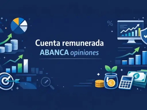 Gráficos de crecimiento financiero, monedas y una calculadora, con el texto "Cuenta remunerada ABANCA opiniones".
