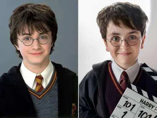 Daniel Radcliffe som ung Harry Potter, först i närbild och sedan med en filmklappa.