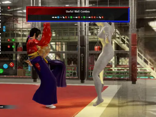 Wirtualny wojownik trenuje ciosy przy ścianie. Na ekranie widoczne są kombinacje ruchów z gry Virtua Fighter.
