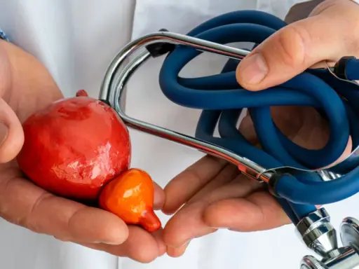 Dłonie lekarza trzymają model pęcherza i prostaty. Stetoskop symbolizuje troskę o zdrowie i prawidłową funkcję prostaty.