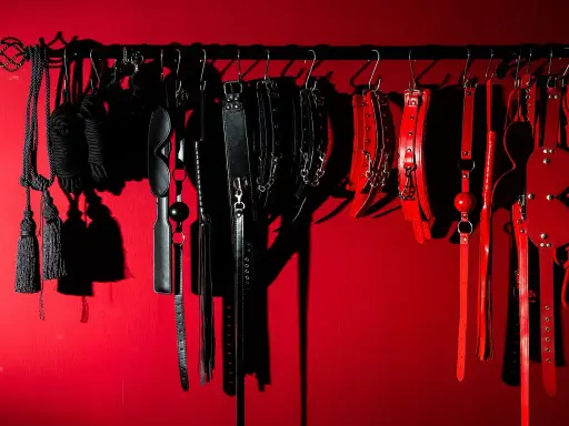 Kolekcja czarnych i czerwonych akcesoriów, takich jak bicze, kajdanki i maski, sugeruje fetysz seksualny.