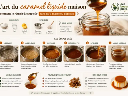 Guide pour réussir un caramel liquide maison, de la dissolution à la dégustation. Les étapes clés pour un caramel parfait.