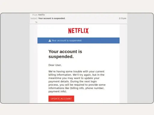 Vorsicht vor diesem Netflix-E-Mail-Betrug! Es handelt sich um **email spoofing**, das versucht, Ihre Zahlungsdaten zu stehlen.