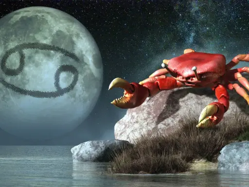 Czerwony rak na skale, księżyc z symbolem Raka i nocne niebo. Ascendent w Raku.