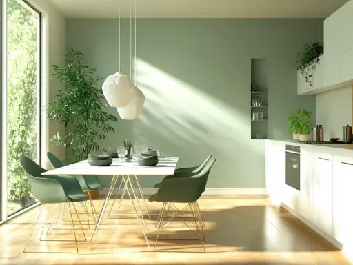 Salle à manger lumineuse avec un mur vert sauge, une grande fenêtre donnant sur la verdure, une table dressée et une cuisine moderne.
