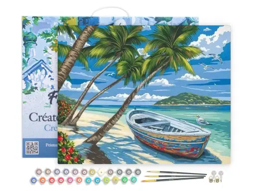 Une peinture par numéros d'une barque en plastique colorée échouée sur une plage tropicale, sous des palmiers, avec une île en arrière-plan.