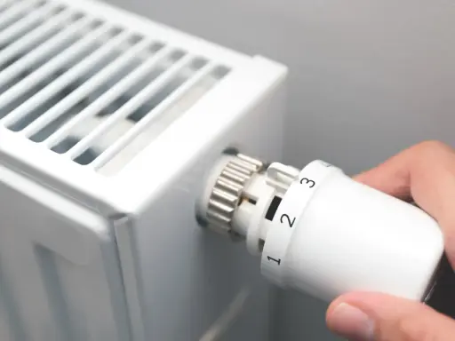 Dłoń kręci termostatem grzejnika, ustawiając temperaturę. To znak, że zbliża się czas, kiedy zaczyna się sezon grzewczy.