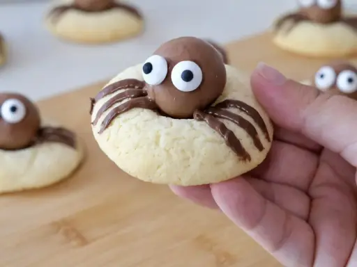 Des cookies araignée adorables avec des yeux en sucre et des pattes en chocolat, prêts à être dégustés.