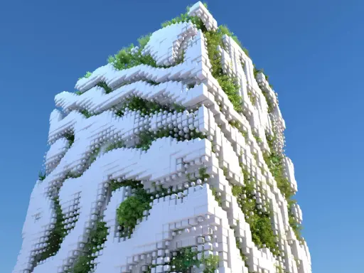 Edifici ecosostenibili con facciate a blocchi bianchi e vegetazione rigogliosa che si intreccia, sotto un cielo azzurro.