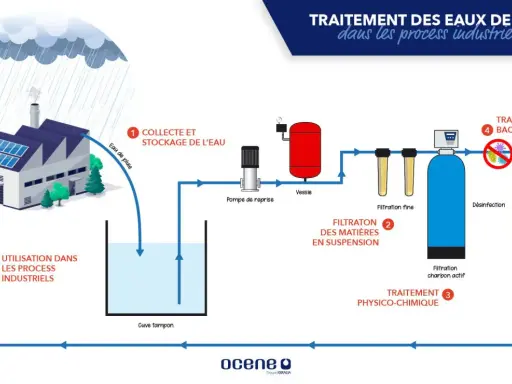 Schéma du traitement des eaux de pluie pour usage industriel : collecte, filtration, désinfection. L'eau de pluie potable est ainsi valorisée.