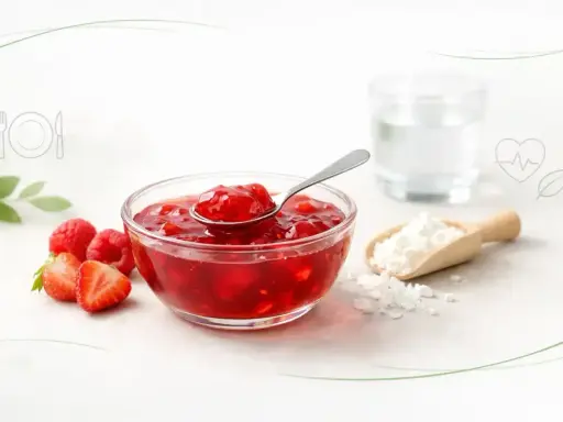 Miseczka z owocowym kisielem, łyżeczka, maliny, truskawki i skrobia. Zastanawiasz się nad kisiel kcal?