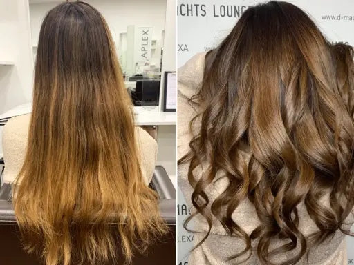 Vorher/Nachher: Blondes Haar wird zu sattem Braun. Perfekt, wenn man die Haarfarbe rauswachsen lassen möchte und einen neuen Look will.