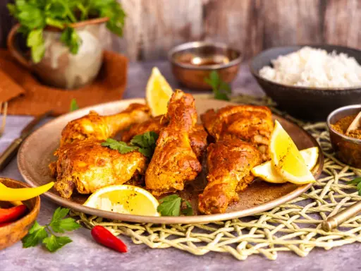 Saftiges Chicken Tandoori auf einem Teller mit Zitronenspalten und Koriander. Daneben Reis und Gewürze.