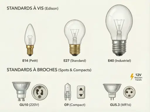 Différents types d'ampoules et leurs douilles : E14, E27, E40 à vis, et GU10, G9, GU5.3 à broches.