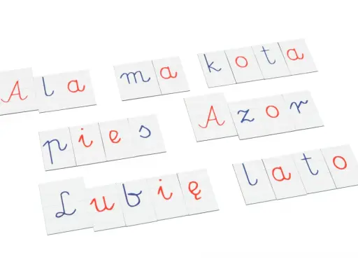 Karty z pisane litery polskie: Ala ma kota, pies, Azor, lubię lato.