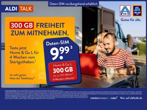 ALDI TALK Daten-SIM: 300 GB Freiheit für 4 Wochen für nur 9,99 € mit bis zu 100 Mbit/s. Gutes Netz der Telefónica.