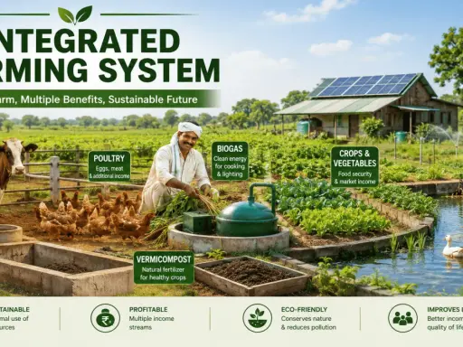 Integrated farming system with dairy cows, poultry, crops, vegetables, and fishery. This sustainable approach benefits livelihood.