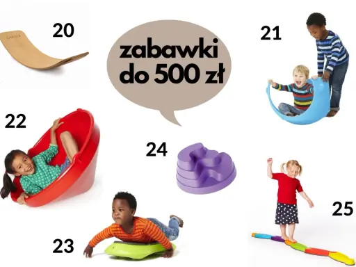 Dzieci bawiące się różnymi zabawkami sensorycznymi, m.in. bujawka, zjeżdżalnia, równoważnia.