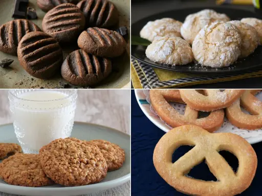 Cuatro tipos de galletas caseras: de chocolate, craqueladas, de avena y de mantequilla con forma de pretzel.
