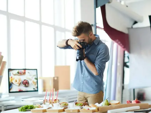 Mężczyzna robi zdjęcia jedzenia. Na stole przygotowane są przekąski, napoje i owoce. To profesjonalna fotografia kulinarna.