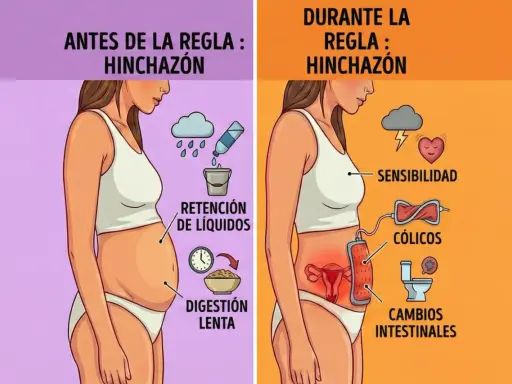 Antes de la regla, me siento hinchada por retención de líquidos y digestión lenta. Durante la regla, la hinchazón se acompaña de sensibilidad, cólicos y cambios intestinales.